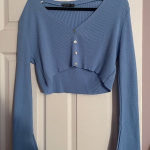Blue Cropped Knit Cardigan with Bell Sleeves